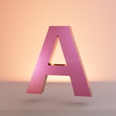 a large pink illuminated A against a background of pastel colors. icon A. 3d render. 3d illustration