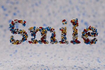 beautiful multi-colored inscription smile consisting of patterns of small spheres, cubes, tori on an abstract white and blue background. 3d render. 3d illustration