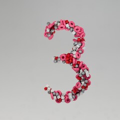 beautiful multi-colored number 3 on a gray background, consisting of particles of spheres of cubes of tori. Abstract birthday 3 years. icon number 3. 3d render. 3d illustration