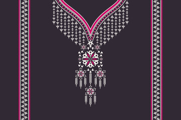 Vector ethnic neckline embroidery geometric flower shape pink color design with border on black background. Feminine tribal art fashion for shirts.