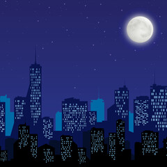 Night city with bright moon vector illustration in flat style