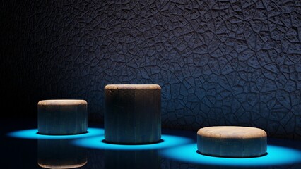 3D rendering. 3D illustration. Podium with three brown cylindrical bases illuminated by spotlights at the top and blue floor. Dark background with lighting on the platforms. Wood textures on the bases