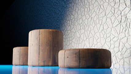 3D rendering. 3D illustration. Close-up detail of three cylindrical platforms with a wooden texture on a blue floor and a stone wall with circular frontal lighting. Cylindrical wooden platforms.