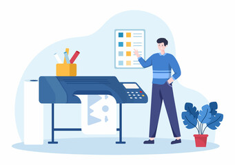 Print Shop Illustration with Production Process at Printing House and Machines for Operating big File Printers in Flat Style Cartoon