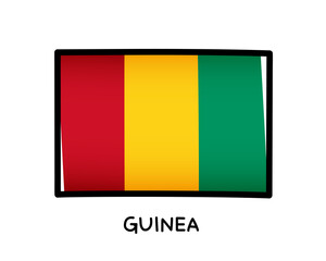 Guinea flag. Colorful Guinean flag logo. Red, yellow and green brush strokes, hand drawn. Black outline. Vector illustration