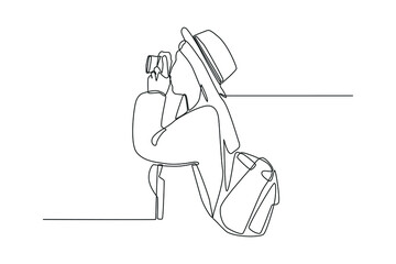 Continuous one line drawing young woman having fun taking pictures with photo camera. World tourism day concept. Single line draw design vector graphic illustration.