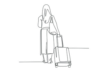 Continuous one line drawing back view of girl traveler standing and waiting with carrying hold suitcase in the station. World tourism day concept. Single line draw design vector graphic illustration.