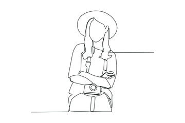 Continuous one line drawing young woman with hat standing with photo camera. World tourism day concept. Single line draw design vector graphic illustration.
