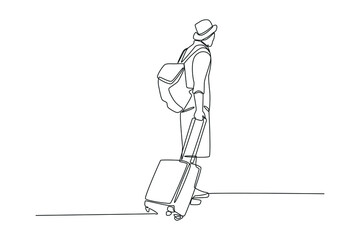 Continuous one line drawing back view of girl traveler walking with carrying hold suitcase in the airport. World tourism day concept. Single line draw design vector graphic illustration.