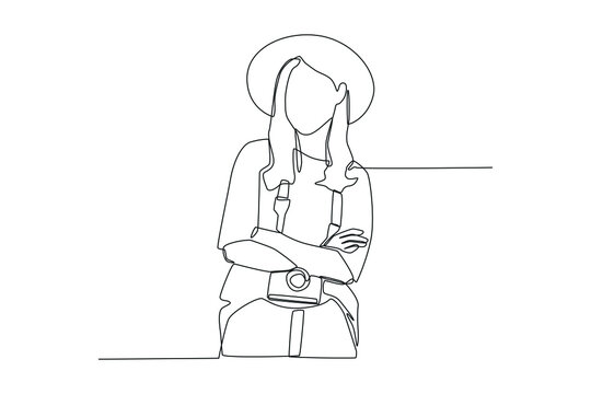 Continuous one line drawing young woman with hat standing with photo camera. World tourism day concept. Single line draw design vector graphic illustration.