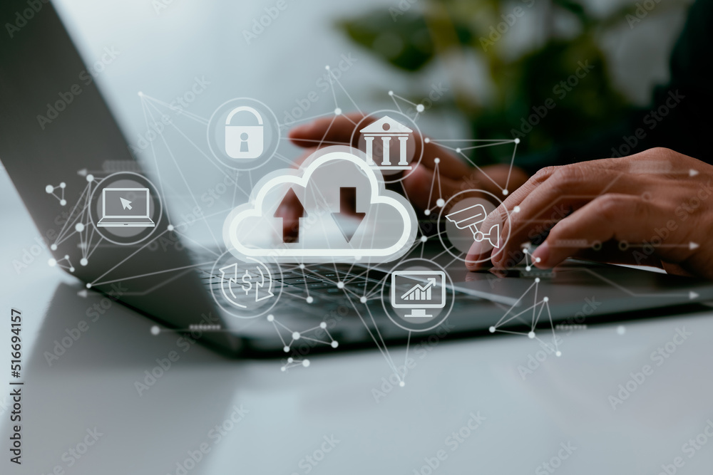 Poster With a cloud computing diagram in hand, a man uses his laptop. Infrastructural principles such as data storage, networking, and the internet.