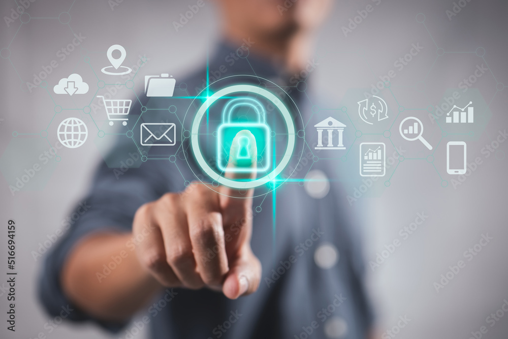 Poster Concepts of cybersecurity and privacy are used to safeguard data. Internet network security technologies and the lock symbol. A businessman uses virtual screen interfaces to secure sensitive data.