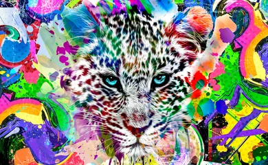 Keuken spatwand met foto leopard head with creative abstract elements on colorful background © reznik_val