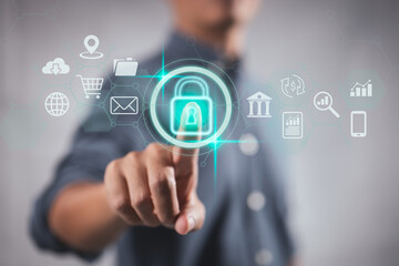 Concepts of cybersecurity and privacy are used to safeguard data. Internet network security technologies and the lock symbol. A businessman uses virtual screen interfaces to secure sensitive data.