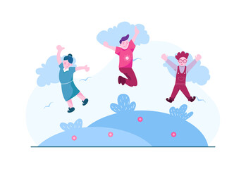 Three Happy Children Jumping on Summer Meadow Conceptual Flat Illustration Design