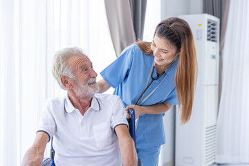 Obraz premium Nurse Medical Team Staff Working Support Service Health Care Senior Elderly Man on Wheel Chair in Home Care.