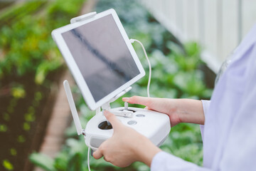 people hand holding drone controller with black large screen monitor in agriculture farm background.