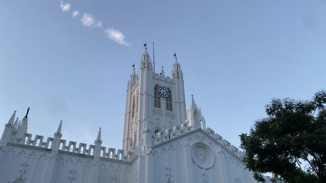 A panning shot of St Paul's cathedral Kolkata. St. Paul's Cathedral is a CNI Cathedral of Anglican background in Kolkata, West Bengal, India, noted for its Gothic architecture.