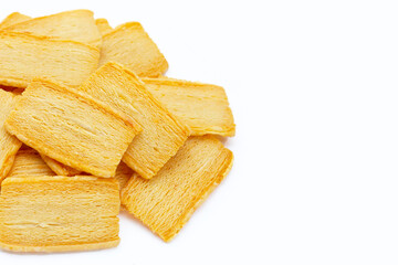 Cheese crispies on white background.