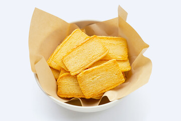 Cheese crispies on white background.