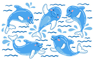 Obraz premium Cute Joyful Hand Drawn Dolphins Vector Illustration Set