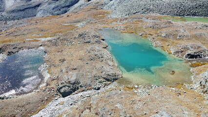 Mountain glacier lake. Picturesque hidden location in the mountains. Outdoors style vacation. Adventure travel in the wildlife, no people. Mountain valley landscape earial view stock photo