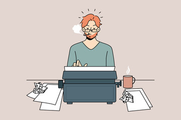 Man author typing on retro typewriter smoking cigarette. Concentrated typewriter working on vintage machine. Creative process concept. Vector illustration. 