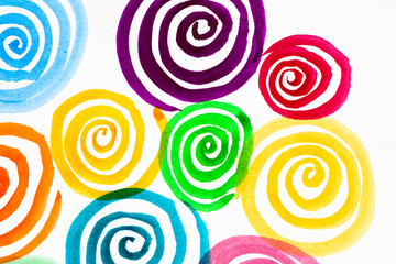 Fototapeta na wymiar Watercolor abstraction bright circles and spirals. Colored stripes. Artistic background. Postcard.Original abstract art illustration
