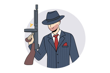 Bearded man criminal in suit and hat holding handgun. Male gangster with gun in hands. Concept of crime and mafia. Vector illustration. 