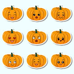 Set of stickers orange pumpkin with kawaii emotions. Flat vector illustration of a pumpkin with emotions On a white background.