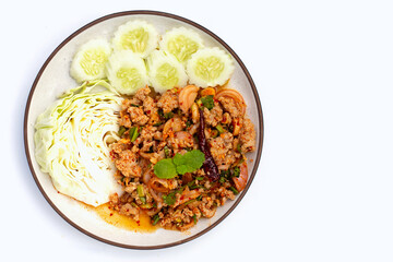 Spicy minced pork salad. Copy space