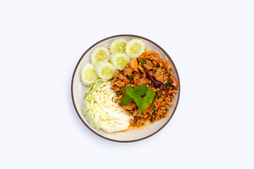 Spicy minced pork salad. Copy space