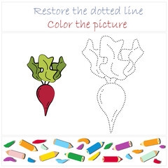 Beet. Vegetables. Educational developing game for preschoolers "Trace and color". Vector illustration for children, eps