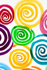 Watercolor abstraction bright circles and spirals. Colored stripes. Artistic background. Postcard.Original abstract art illustration