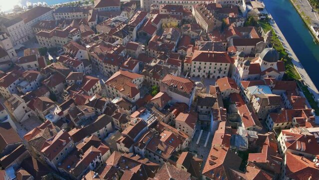 Aerial video of the Old town of Kotor. Travel to Montenegro concept