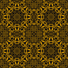 Geometric pattern, Thai pattern, yellow gold pattern, black background, can be traced in all directions. vector format file