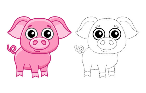 Farm animal for children coloring book. Vector illustration of funny pig in a cartoon style. Trace the dots and color the picture