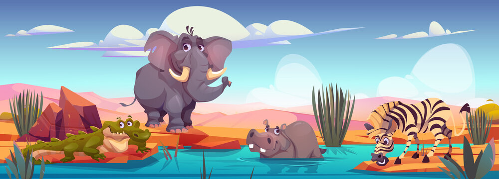Elephant, zebra, crocodile and hippo on river shore in african savannah. Vector cartoon illustration of savanna landscape with sand, plants, waterhole and wild animals