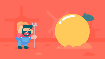 A Bearded Farmer With Big Orange Flat Design Illustration