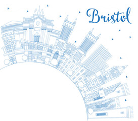 Outline Bristol UK City Skyline with Blue Buildings and Copy Space.