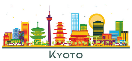 Fototapeta premium Kyoto Japan City Skyline with Color Buildings Isolated on White.