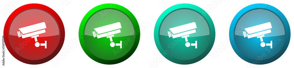 Aufkleber cctv camera round glossy web icon set, colorful buttons isolated on white background