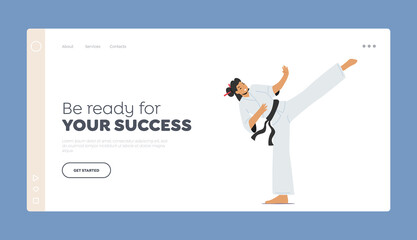 Girl In Self-defense Presentation Landing Page Template. Female Karateka Stand with Raised Leg. Karate Woman Fighter