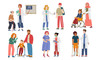 Fototapeta premium Patients at doctor appointment, pediatrics, traumatology or gynecology medics communicate with injured people. Child on crutches, old man hip joint sickness, pregnant woman, Line art flat vector set