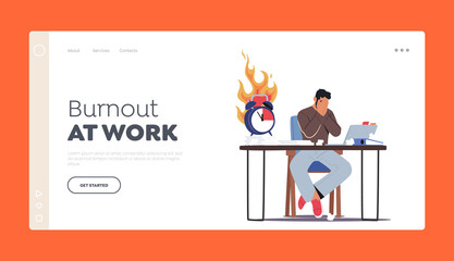 Burnout at Work Landing Page Template. Overloaded Male Office Employee Character Sitting at Workplace with Computer