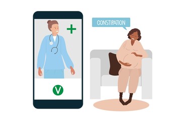 Online consultation with doctor. Pregnant Woman speaking to doctor about constipation. Doctor advises woman by phone. Sad pregnant African-American woman sits on chair at home. Vector illustration