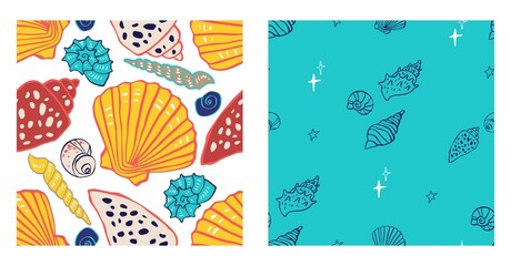 Set of seamless patterns with beige, colored seashells in doodle style. Collection of backgrounds with underwater animals for printing on fabrics, wallpaper, packaging paper. Cute vector illustration