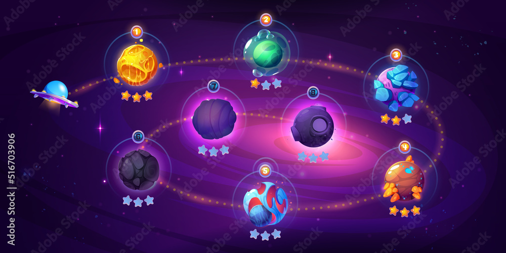 Poster space game level map with spaceship and alien planets. cartoon 2d gui computer or mobile arcade with