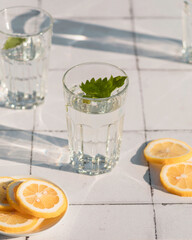 Fresh summer cocktail with lemons and mint. Summer drinks and vacation concept. Sunny day shadows