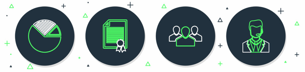 Set line Certificate template, Users group, Pie chart infographic and Man with headset icon. Vector